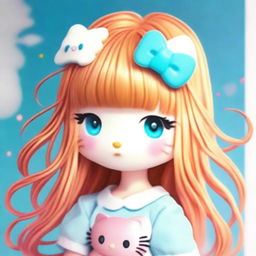 A girl with the charming sweetness of Hello Kitty, characterized by her long, wispy orange hair with bangs, and glowing light blue eyes