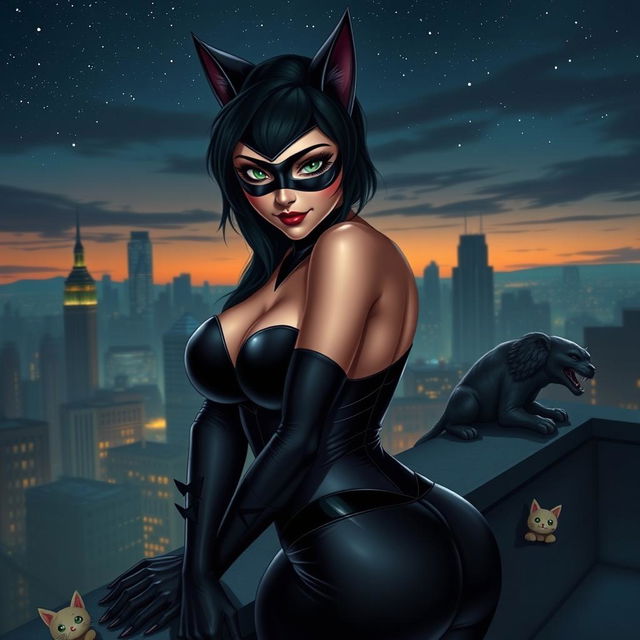 A sultry portrayal of Catwoman, showcasing her sleek black catsuit that clings to her curves, highlighting her feline grace