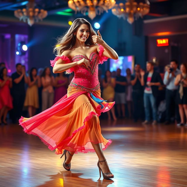 A passionate salsa dancer in mid-movement, showcasing vibrant colors in her flowing dress, which is adorned with sequins and frills that shimmer under the lights