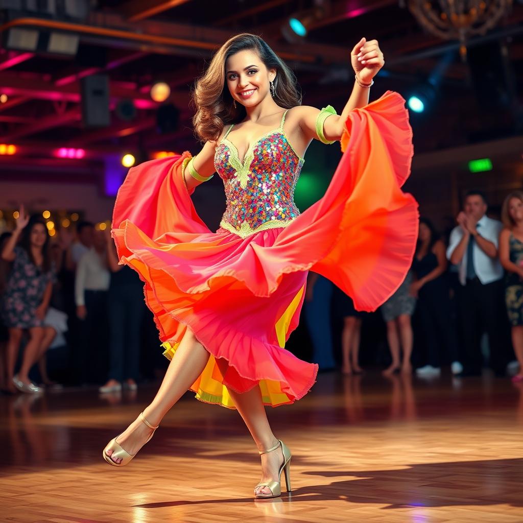 A passionate salsa dancer in mid-movement, showcasing vibrant colors in her flowing dress, which is adorned with sequins and frills that shimmer under the lights