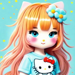 A girl with the charming sweetness of Hello Kitty, characterized by her long, wispy orange hair with bangs, and glowing light blue eyes