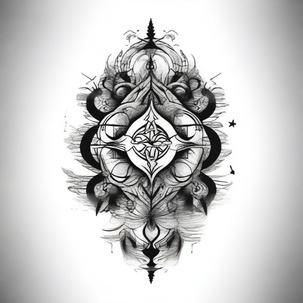 Generate an intricate, black and white tattoo design with abstract symbolism and fluid lines.