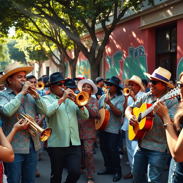 A vibrant Latin street band performing energetically on a bustling urban street