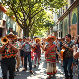 A vibrant Latin street band performing energetically on a bustling urban street