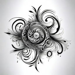 Generate an intricate, black and white tattoo design with abstract symbolism and fluid lines.