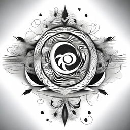 Generate an intricate, black and white tattoo design with abstract symbolism and fluid lines.