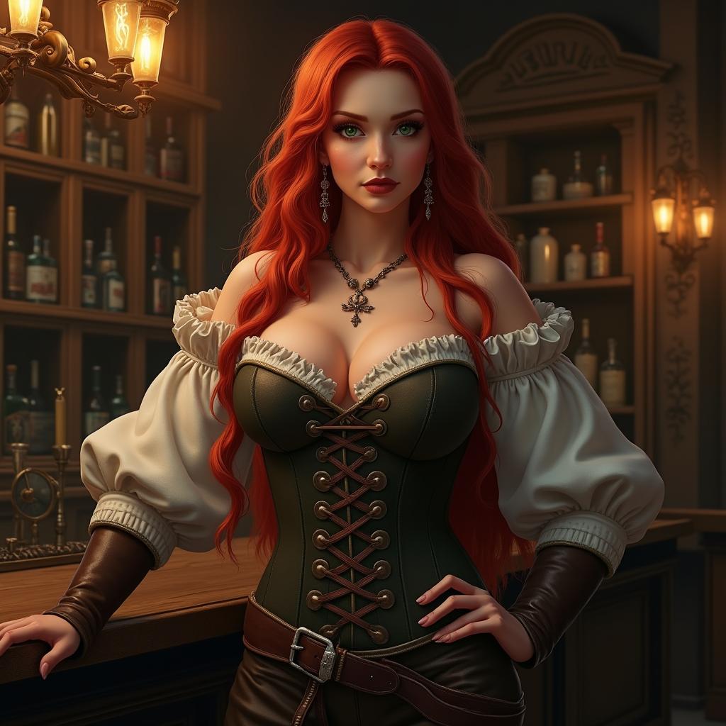 An alluring medieval bartender with super wavy red hair cascading down to her waist and sharp green eyes that captivate