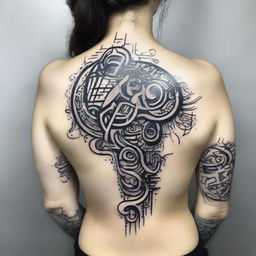 Generate an intricate, black and white tattoo design with abstract symbolism and fluid lines.