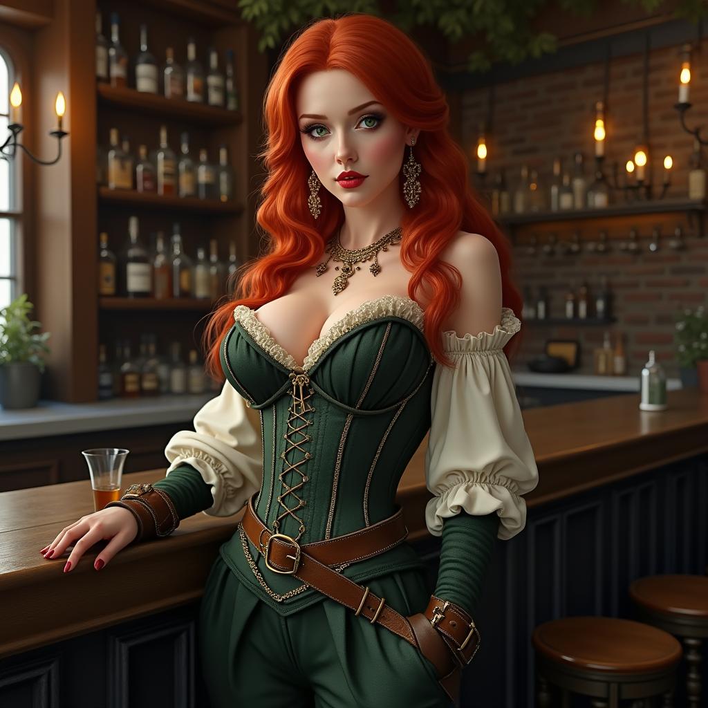 A captivating medieval bartender with super wavy red hair flowing down to her waist and sharp green eyes that draw attention