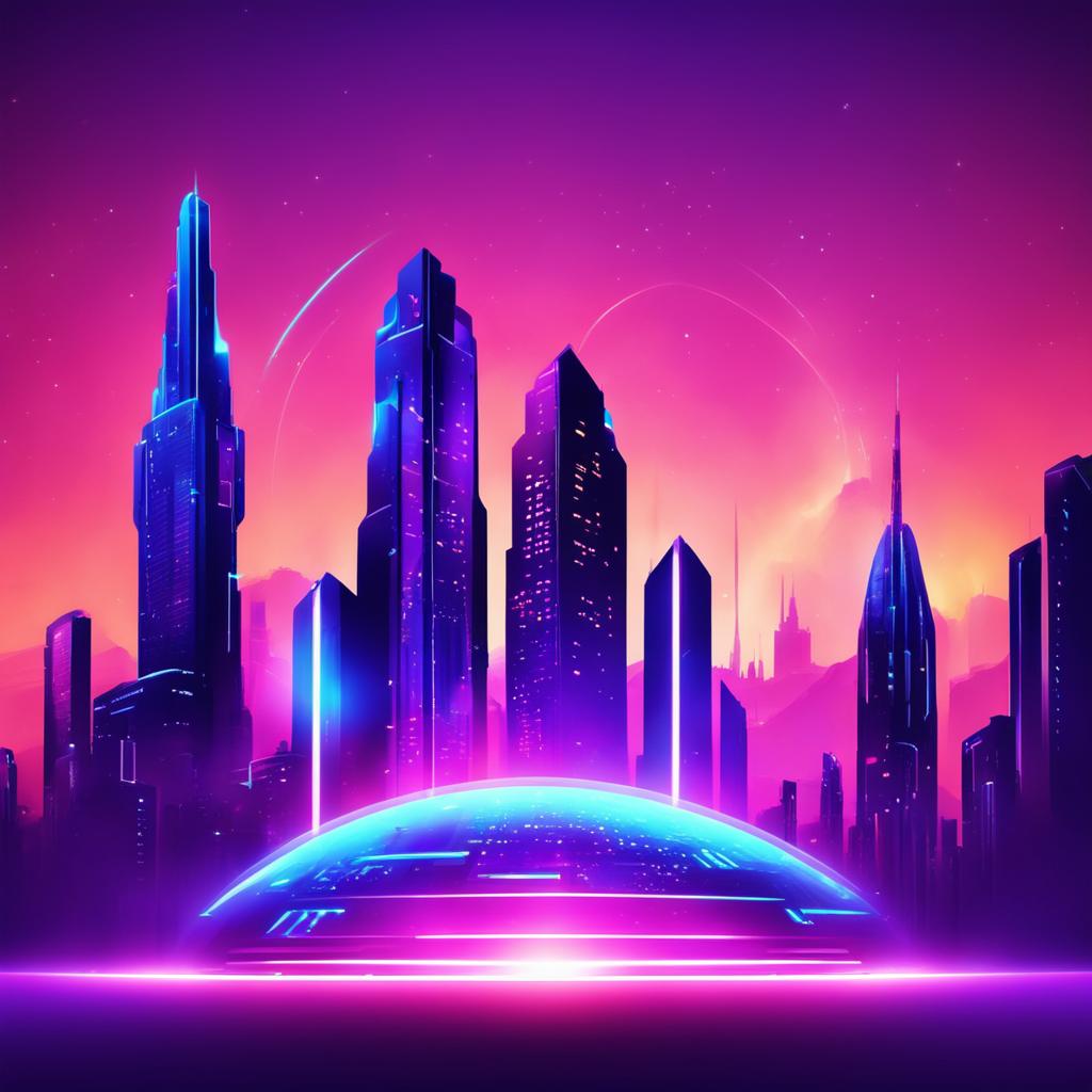 Futuristic tech banner with a neon cityscape, floating holographic screens, and a 3D logo in an electric blue digital cosmos.