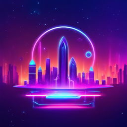 Futuristic tech banner with a neon cityscape, floating holographic screens, and a 3D logo in an electric blue digital cosmos.