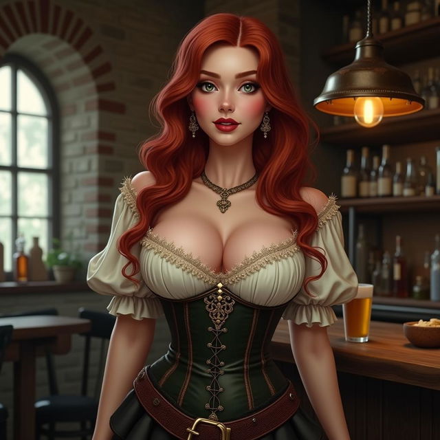 A striking medieval bartender with super wavy red hair cascading down to her waist and sharp green eyes that captivate all who enter the bar