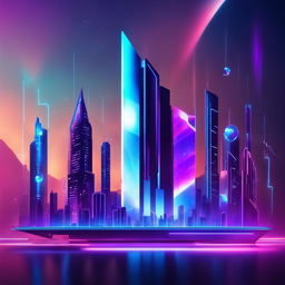 Futuristic tech banner with a neon cityscape, floating holographic screens, and a 3D logo in an electric blue digital cosmos.