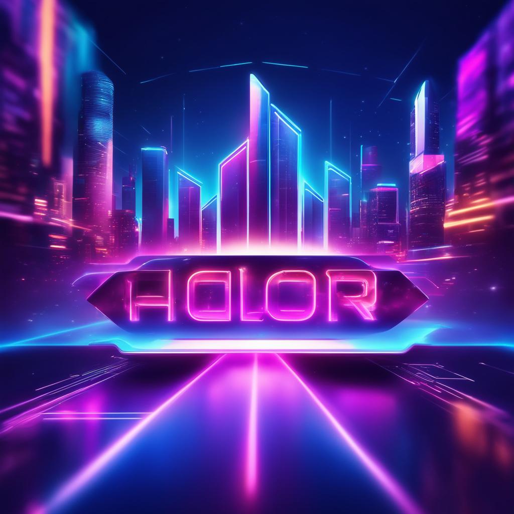 Futuristic tech banner with a neon cityscape, floating holographic screens, 3D logo, and ad text in an electric blue digital cosmos