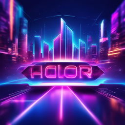 Futuristic tech banner with a neon cityscape, floating holographic screens, 3D logo, and ad text in an electric blue digital cosmos