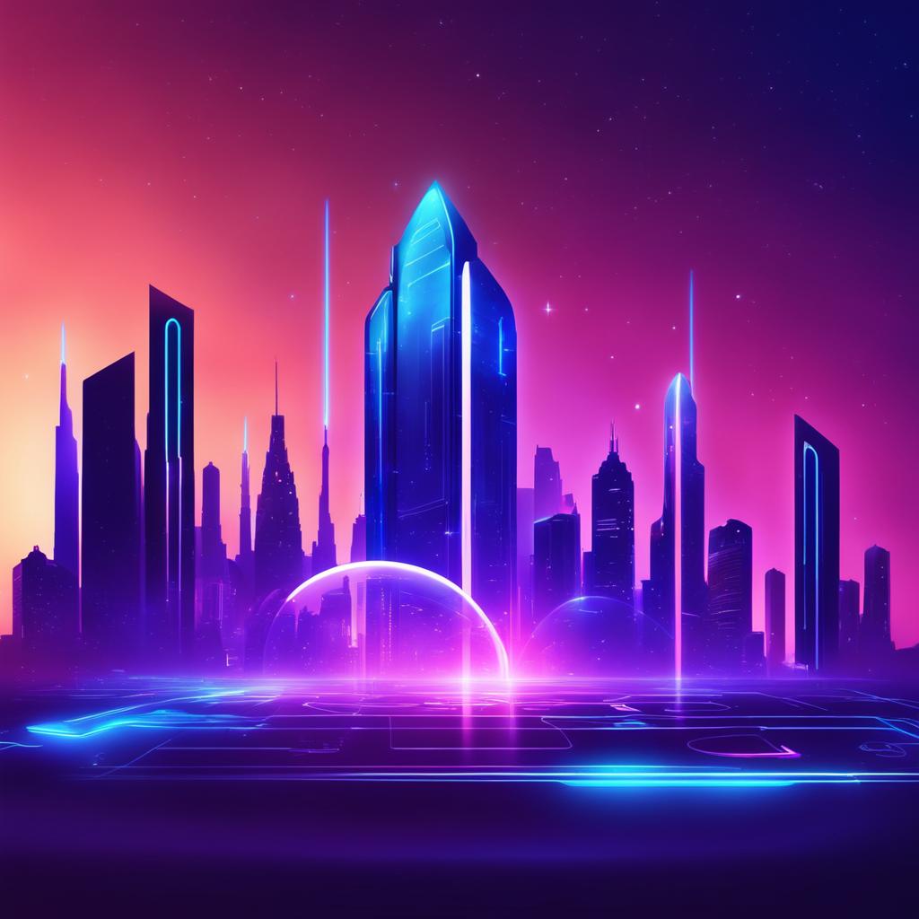 Futuristic tech banner with a neon cityscape, floating holographic screens, 3D logo, and ad text in an electric blue digital cosmos