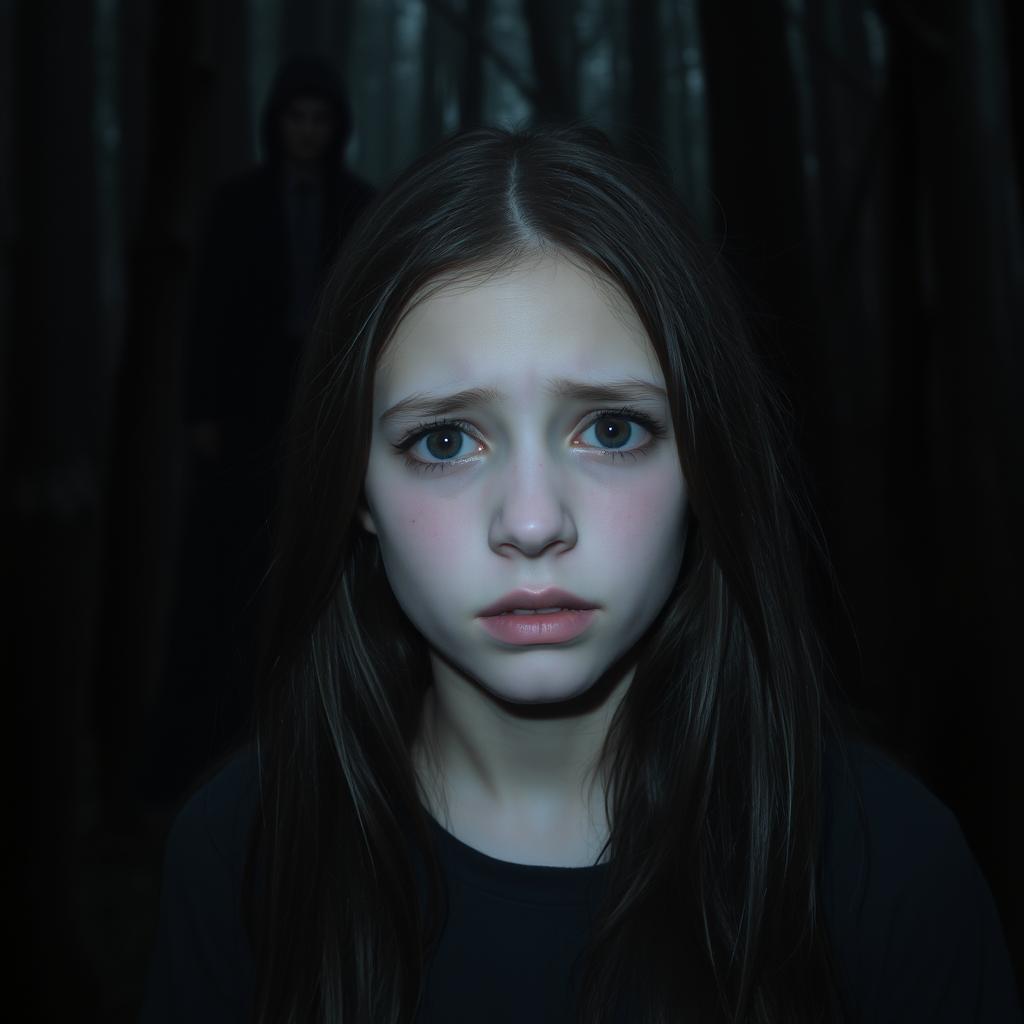 A 19-year-old teenage girl crying in a dark, eerie forest, her expression reflecting deep sorrow and vulnerability