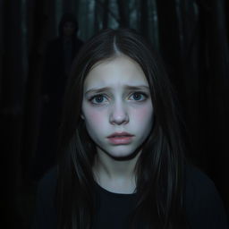 A 19-year-old teenage girl crying in a dark, eerie forest, her expression reflecting deep sorrow and vulnerability