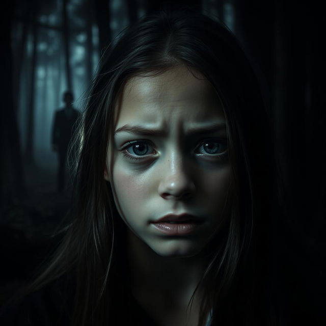 A 19-year-old teenage girl crying in a dark, eerie forest, her expression reflecting deep sorrow and vulnerability