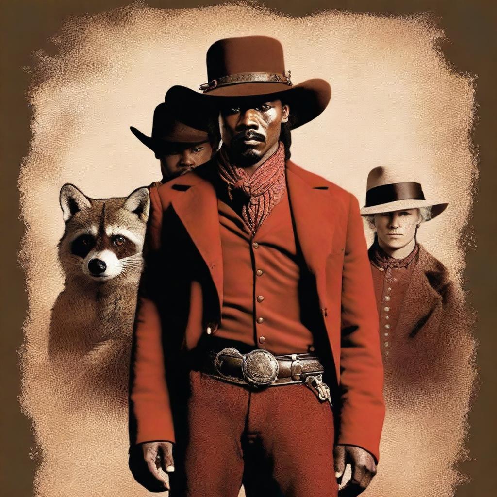 Generate a dramatic Wild West movie poster inspired by Django Unchained, featuring: a black-haired street kid, a moustached barber, a muscular barkeeper, a scarred Irish butcher, a beautiful blonde woman in a red dress, and a weather-tanned trapper with a raccoon fur hat