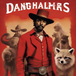 Generate a dramatic Wild West movie poster inspired by Django Unchained, featuring: a black-haired street kid, a moustached barber, a muscular barkeeper, a scarred Irish butcher, a beautiful blonde woman in a red dress, and a weather-tanned trapper with a raccoon fur hat