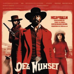 Generate a dramatic Wild West movie poster inspired by Django Unchained, featuring: a black-haired street kid, a moustached barber, a muscular barkeeper, a scarred Irish butcher, a beautiful blonde woman in a red dress, and a weather-tanned trapper with a raccoon fur hat