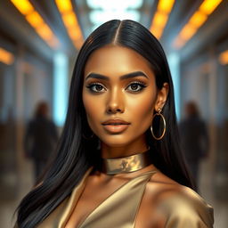 An ultra-realistic portrait of a 25-year-old Indian female AI influencer, featuring a smooth, flawless complexion with subtle golden undertones for a modern and luxurious aesthetic