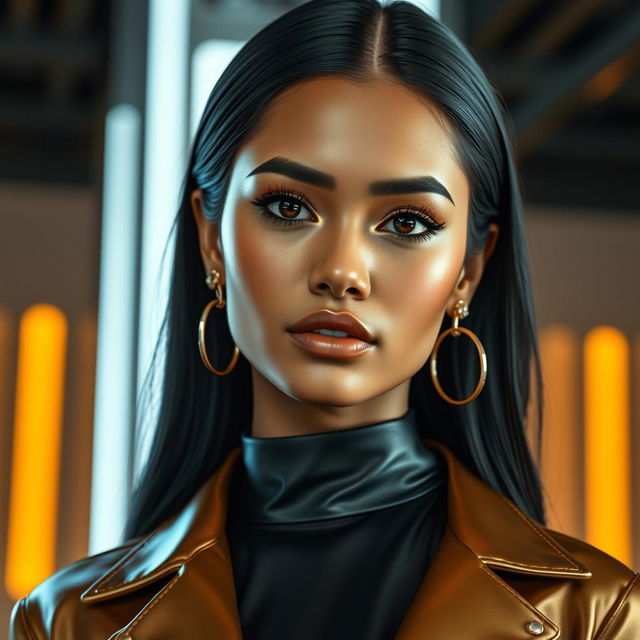 An ultra-realistic portrait of a 25-year-old Indian female AI influencer, featuring a smooth, flawless complexion with subtle golden undertones for a modern and luxurious aesthetic