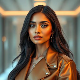 An ultra-realistic portrait of a 25-year-old Indian female AI influencer, featuring a smooth, flawless complexion with subtle golden undertones for a modern and luxurious aesthetic