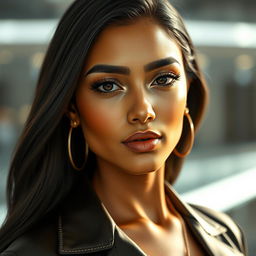 An ultra-realistic portrait of a 25-year-old Indian female AI influencer, featuring a smooth, flawless complexion with subtle golden undertones for a modern and luxurious aesthetic