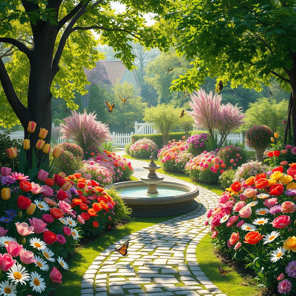 A beautiful and elegant garden during springtime, filled with colorful blooming flowers of various kinds such as tulips, daisies, and roses