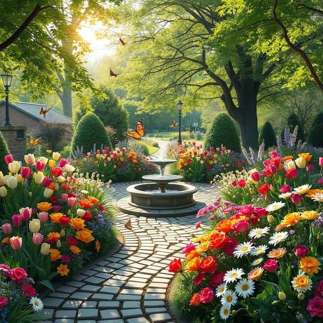 A beautiful and elegant garden during springtime, filled with colorful blooming flowers of various kinds such as tulips, daisies, and roses