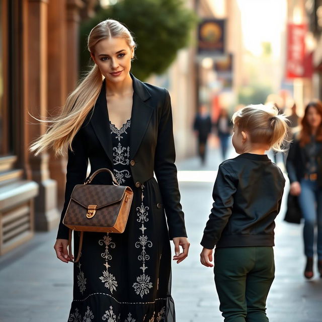 A pretty woman walking down the street, featuring long blond hair styled in a ponytail flowing gracefully behind her