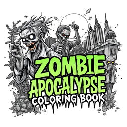 A striking and captivating cover design for a 'Zombie Apocalypse Coloring Book', showcasing an array of detailed and imaginative zombie characters in various dynamic poses