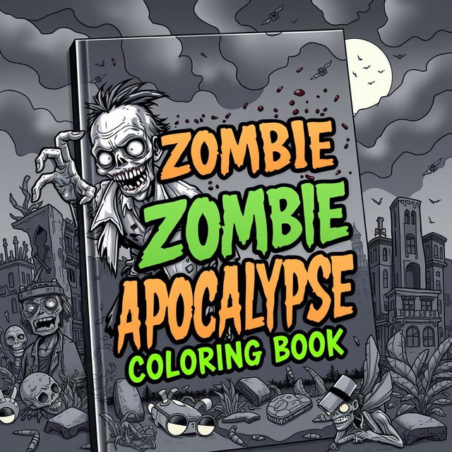 A striking and captivating cover design for a 'Zombie Apocalypse Coloring Book', showcasing an array of detailed and imaginative zombie characters in various dynamic poses