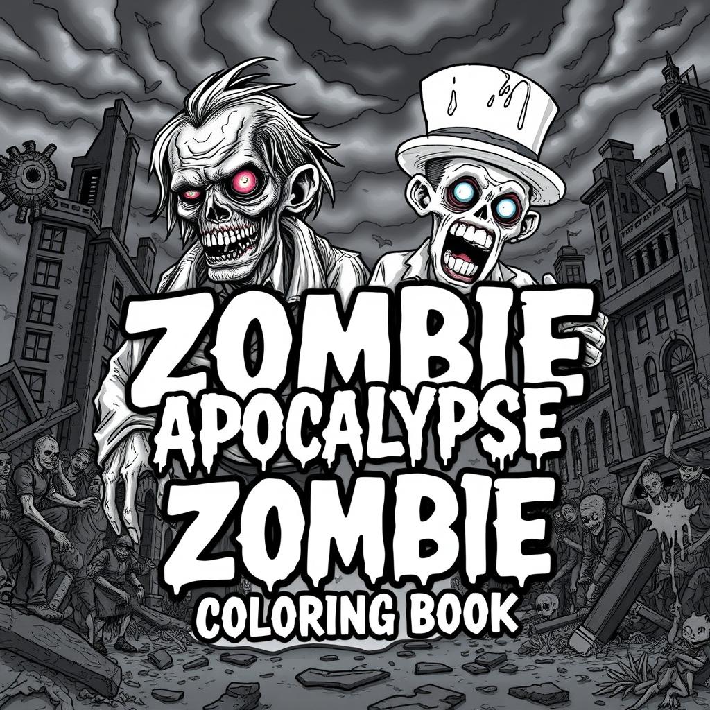 A striking and captivating cover design for a 'Zombie Apocalypse Coloring Book', showcasing an array of detailed and imaginative zombie characters in various dynamic poses