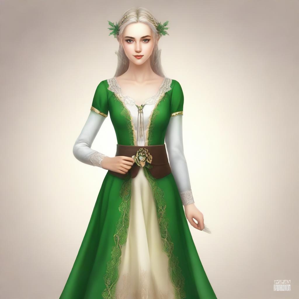 Create an image of a female elf dressed elegantly in a noblewoman's skirt.