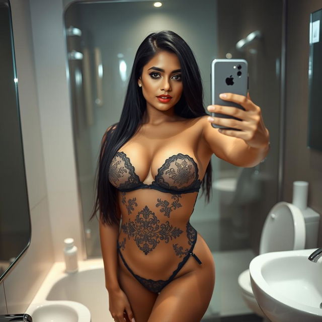 A sexy bathroom selfie featuring a slim and curvy 18-year-old Indian girl dressed in elegant lingerie