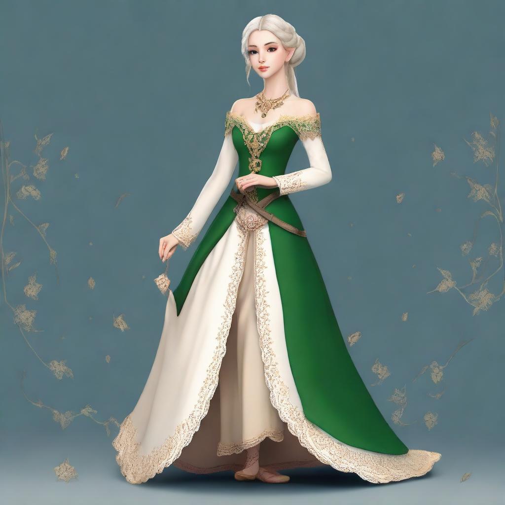 Create an image of a female elf dressed elegantly in a noblewoman's skirt.