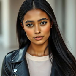An ultra-realistic portrait of a 25-year-old Indian female influencer with a modern, stylish look