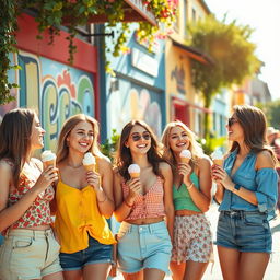 A vibrant street scene depicting a group of young women enjoying a sunny day in a colorful urban environment