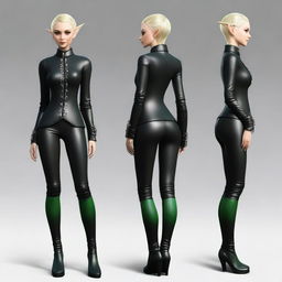 Generate an image of a female elf wearing a stylish black leather outfit.