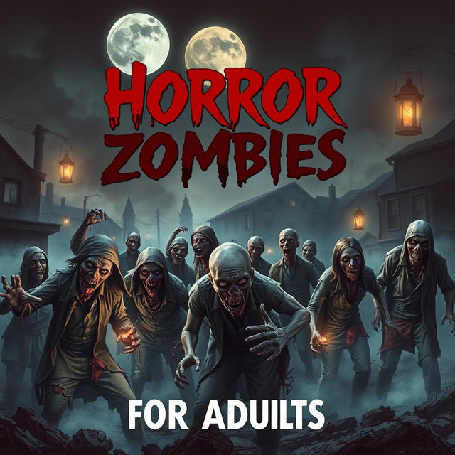 A gripping and evocative cover design for a 'Horror with Zombies for Adults' book, showcasing a dramatic scene featuring a horde of terrifying, decaying zombies emerging from the shadows