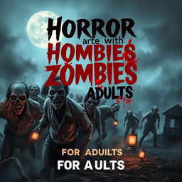 A gripping and evocative cover design for a 'Horror with Zombies for Adults' book, showcasing a dramatic scene featuring a horde of terrifying, decaying zombies emerging from the shadows