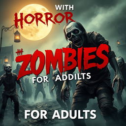 A gripping and evocative cover design for a 'Horror with Zombies for Adults' book, showcasing a dramatic scene featuring a horde of terrifying, decaying zombies emerging from the shadows