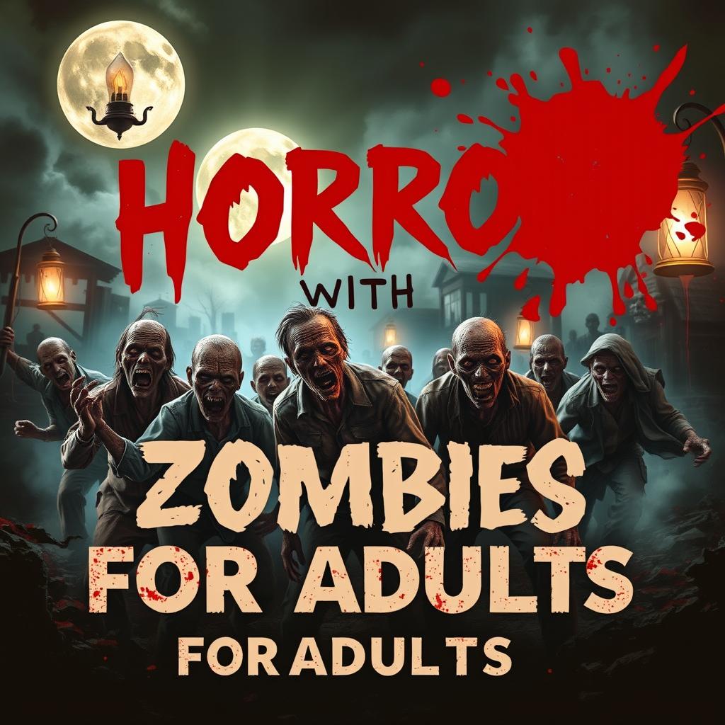 A gripping and evocative cover design for a 'Horror with Zombies for Adults' book, showcasing a dramatic scene featuring a horde of terrifying, decaying zombies emerging from the shadows