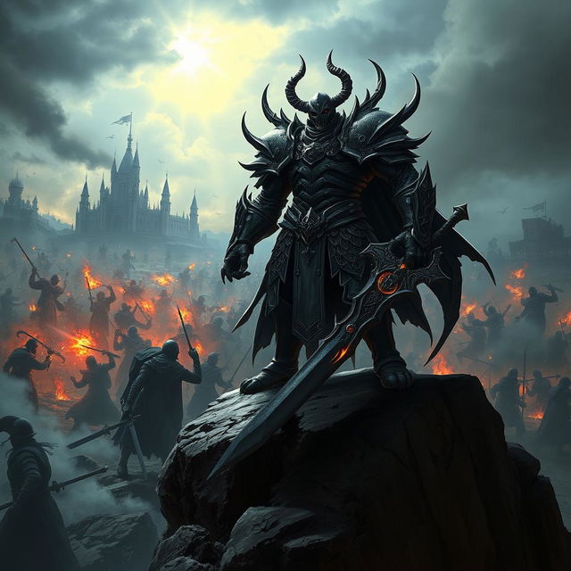 A dramatic scene showcasing an enemy character in a fantasy setting, standing confidently on a rocky cliff overlooking a tumultuous battlefield filled with smoke and chaos