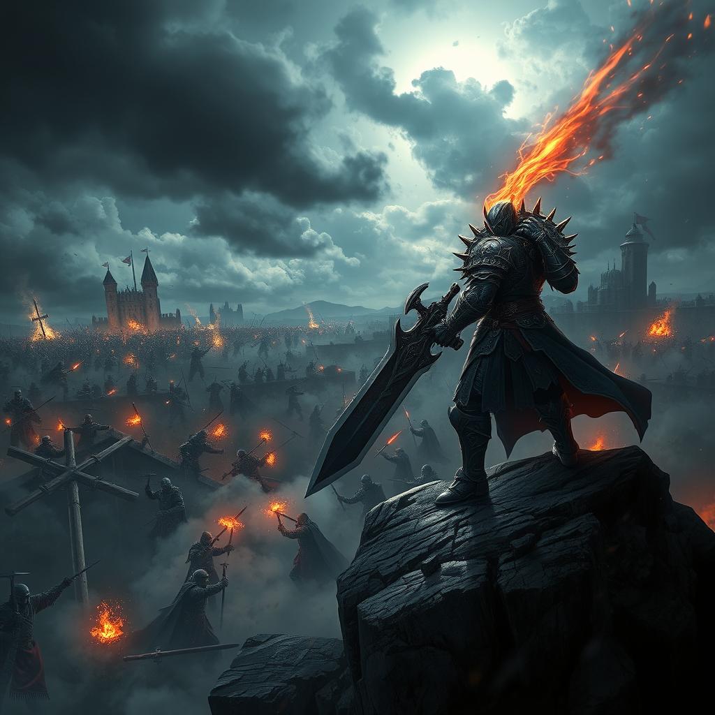 A dramatic scene showcasing an enemy character in a fantasy setting, standing confidently on a rocky cliff overlooking a tumultuous battlefield filled with smoke and chaos