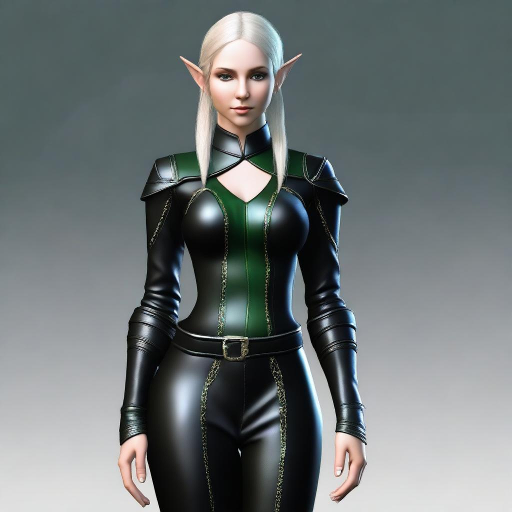 Generate an image of a female elf wearing a stylish black leather outfit.