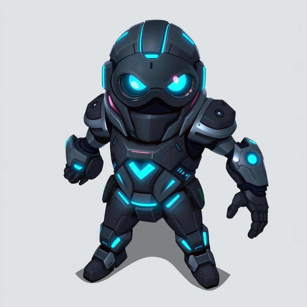 A 2D futuristic enemy minion designed in a top-down view, characterized by sleek metallic armor and glowing accents